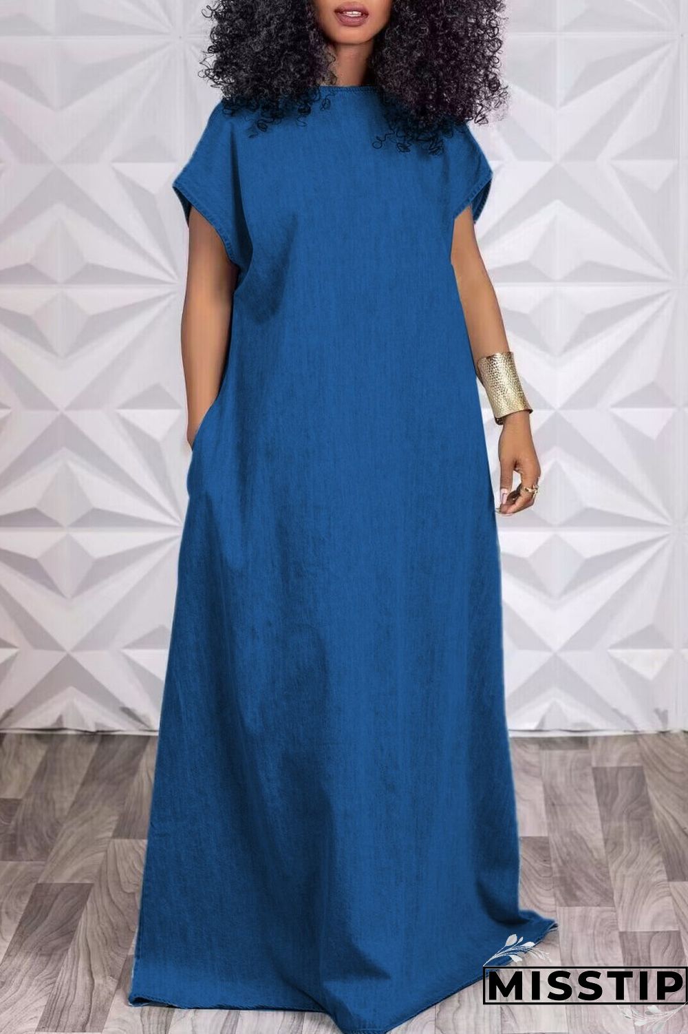 Light Blue Casual Solid Basic O Neck Short Sleeve Denim Dress
