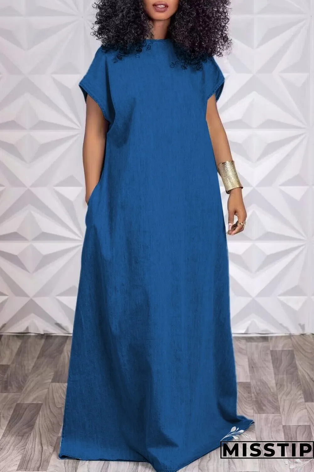 Light Blue Casual Solid Basic O Neck Short Sleeve Denim Dress