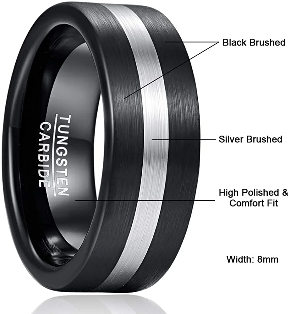 6MM 8MM 10MM Mens Womens Tungsten Carbide Rings Silver and Double Black Brushed Finish Carbon Fiber Couple