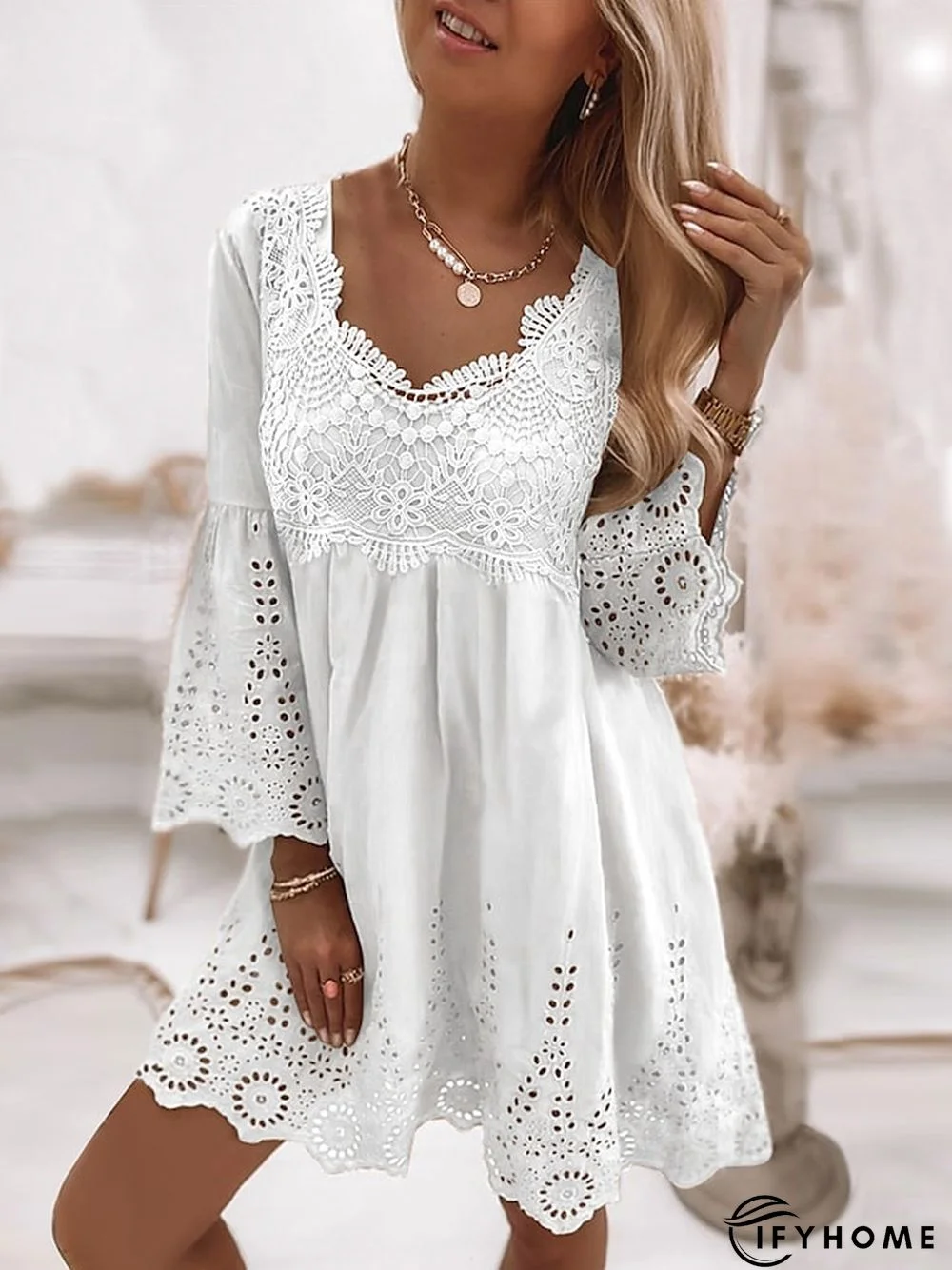 Women's Casual Dress Lace Dress Summer Dress Plain Lace Hollow Out U Neck Mini Dress Fashion Streetwear Outdoor Daily 3/4 Length Sleeve Loose Fit White Green Apricot Spring Summer S M L XL XXL | IFYHOME