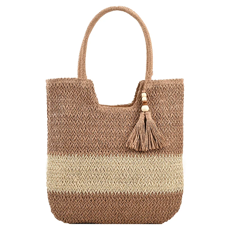 Summer Shoulder Bag with Tassels Contrast Color Lady Straw Woven Bag for Holiday-Annaletters