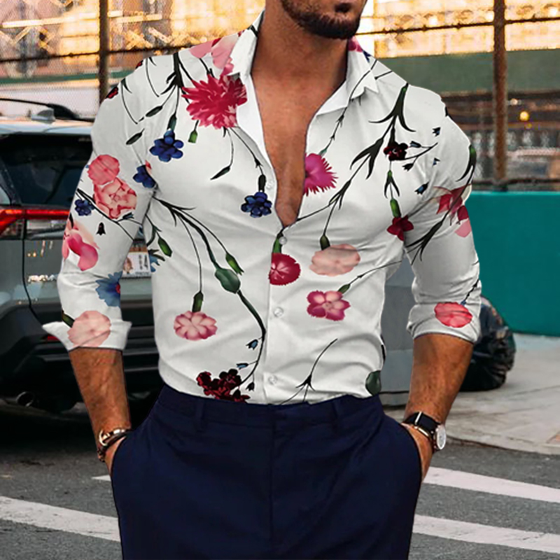 men's casual white floral print long sleeve shirt