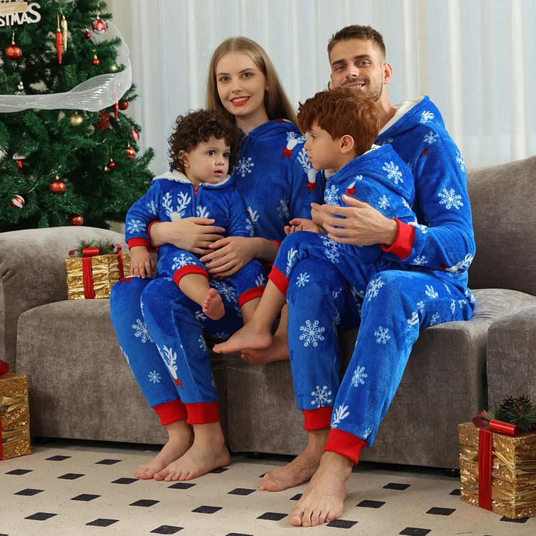 Christmas Flannel Hooded Onesie Family Matching Pajamas Sets(Blue)