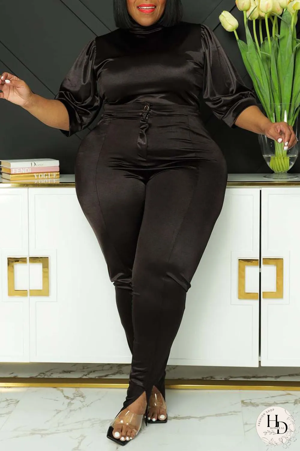 Coffee Casual Solid Patchwork Half A Turtleneck Plus Size Two Pieces