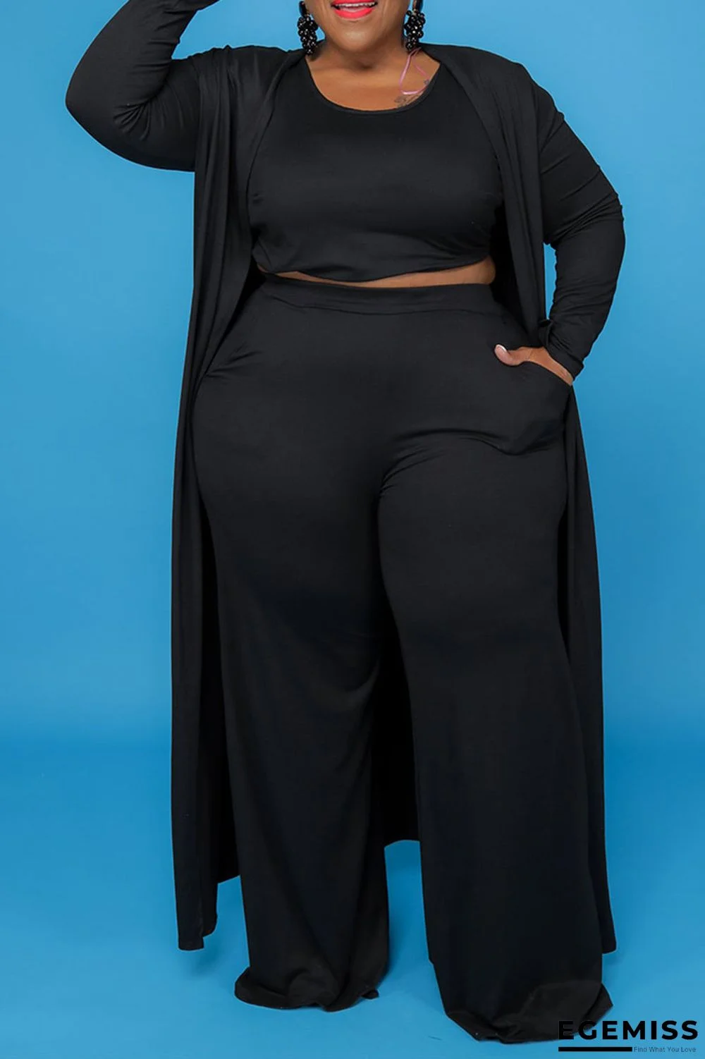 Black Casual Solid Patchwork U Neck Plus Size Two Pieces | EGEMISS