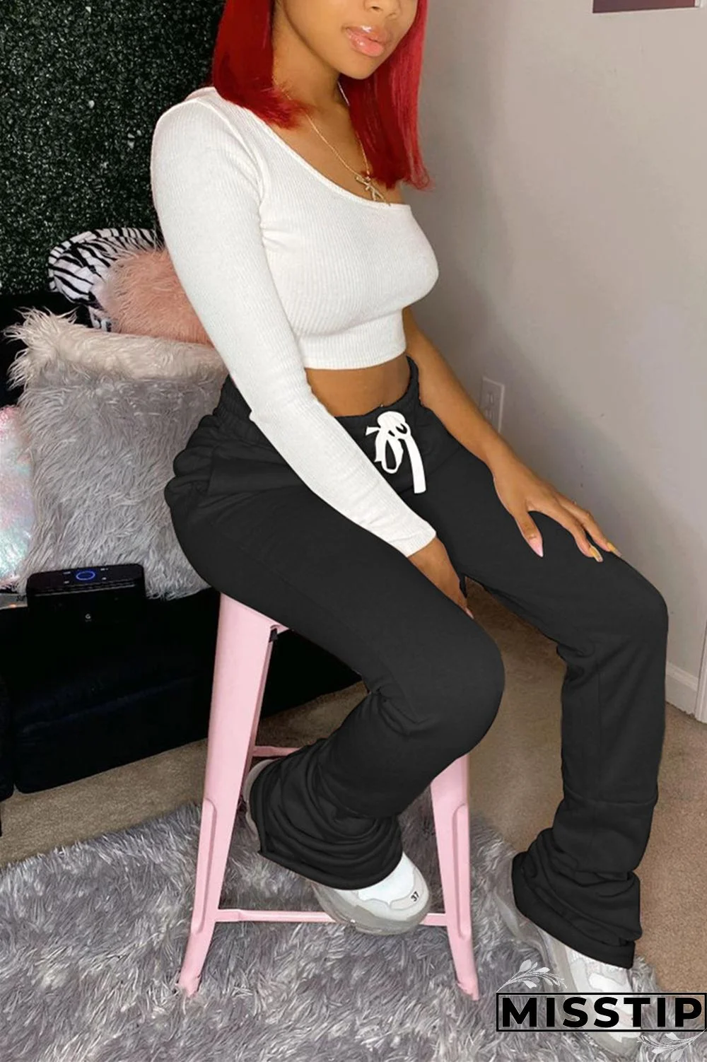 Black Fashion Casual Solid Basic Regular Trousers