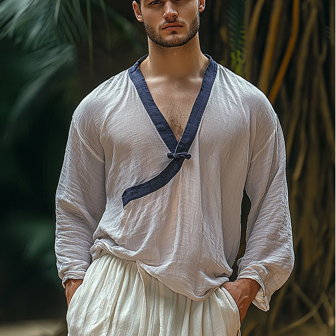 Men's Holiday Vintage Casual V-Neck Lightweight Long Sleeve Linen Shirt-inspireuse