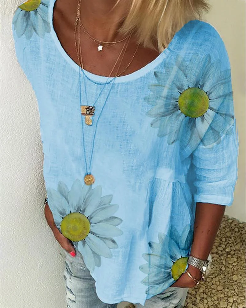 Daisy Print Short Sleeve Casual T-shirt P11198