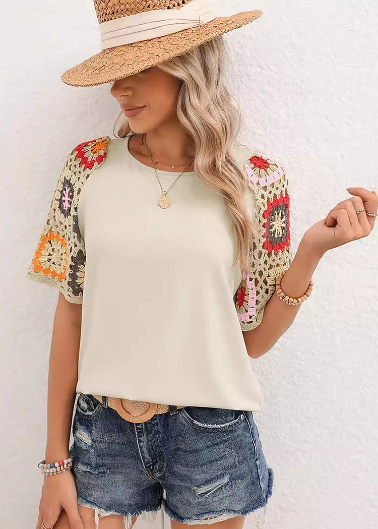 Casual Beige O-Neck Hollow Out Hook Flower Cotton Top Summer