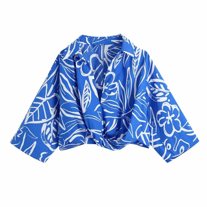 Vintage Chic Blue Print Skirt Sets Women 2021 Summer Fashion Cropped Knot Shirts Side Buttons Ruched Skirts Set