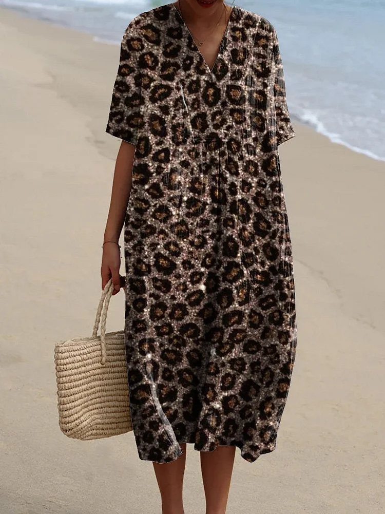 Glitter Leopard Print Pattern Printed Women's Flowy Dress