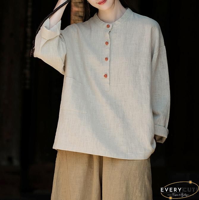 Loose Apricot Chinese Button Patchwork Cotton Shirts Summer