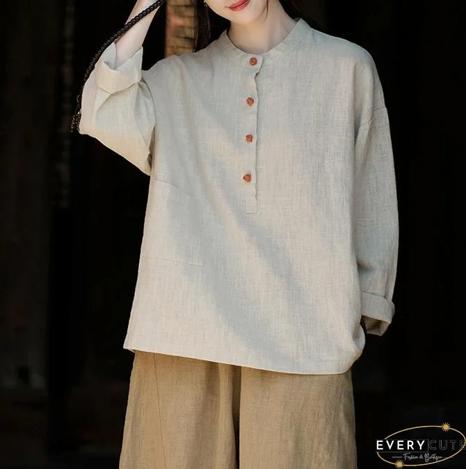 Loose Apricot Chinese Button Patchwork Cotton Shirts Summer