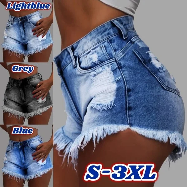 Women's Fashion Washed Denim Girls Casual High Waisted Short Mini Jeans Ripped Jeans Shorts Hot Pants Washed Denim Short Plus Size S-3XL