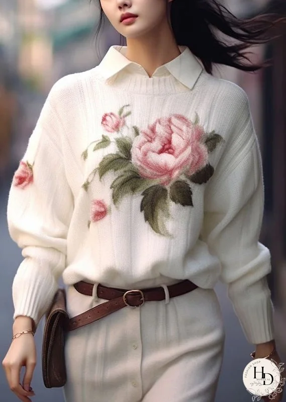 Women White O Neck Print Cozy Knit Sweaters Fall