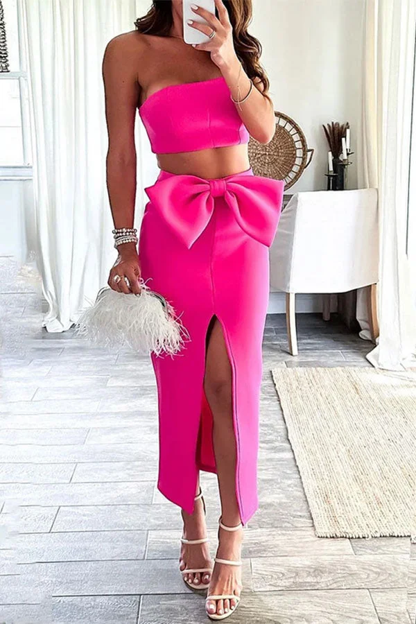 Solid Color Bow Girly High Split Dress Suit