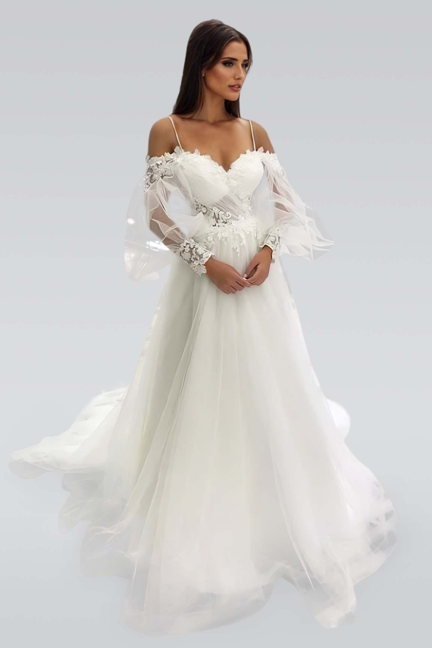  A-Line Off-the-Shoulder Long Sleeves Tulle Wedding Dress with Lace Appliques - ohprom