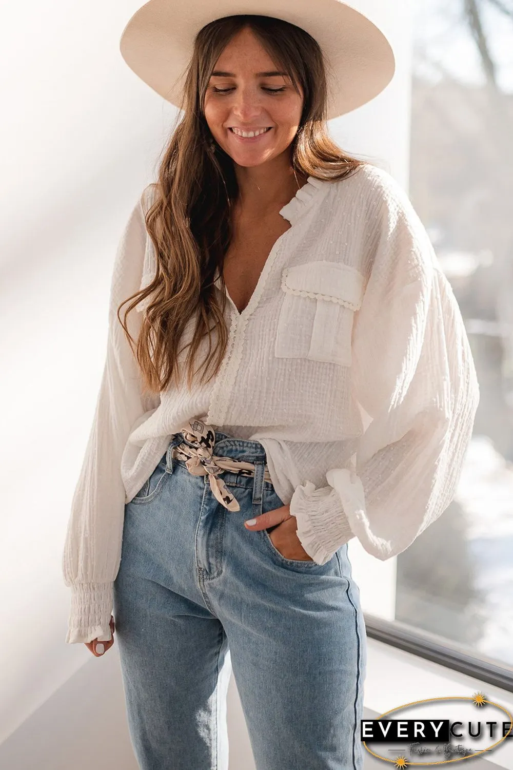 White Lace Trim Dotty Crinkle Texture Shirt