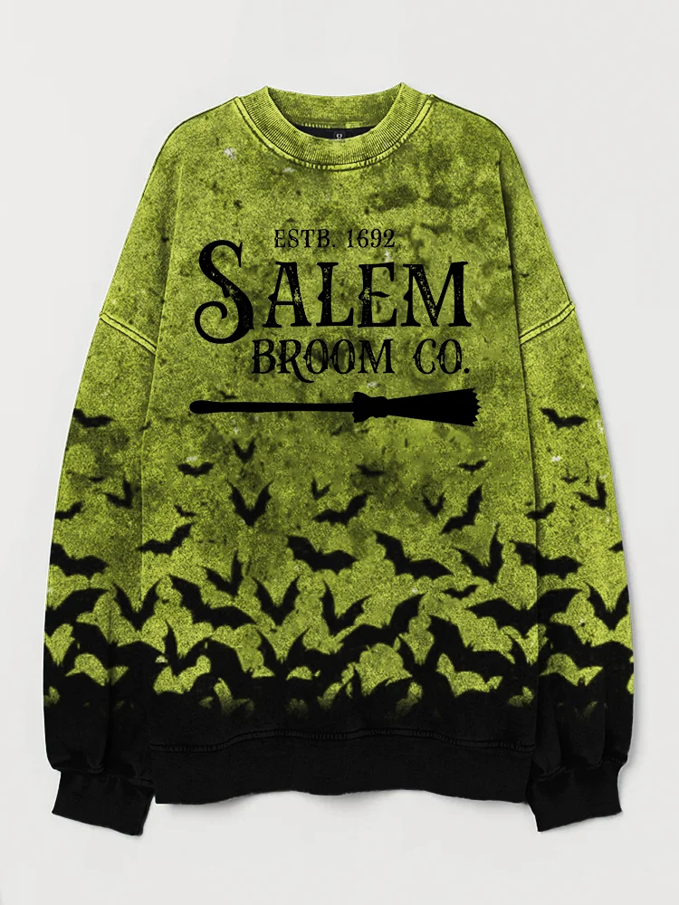 Broswear Halloween Salem Broom Co Bats Contrast Washed Sweatshirt