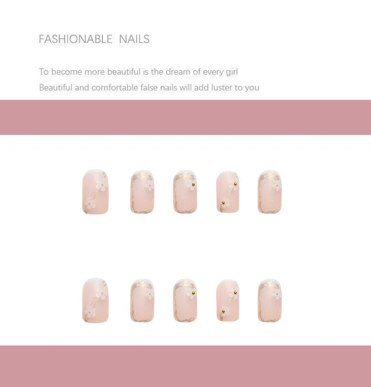 24pcs Floral Printing False Nail Tips Ins French Style Women Nail DIY Salon Decorations Detachable False Nail Patch with Glue-Nail Inspo