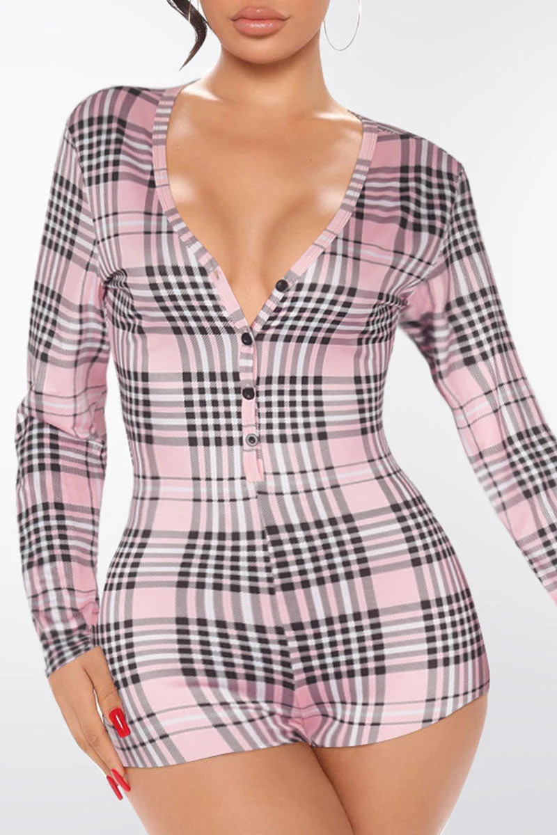 Fashion Casual Plaid Split Joint V Neck Jumpsuits