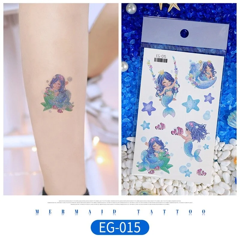 12 kinds Glitter Powder Temporary Tattoo Cartoon Mermaid Ocean Stickers tatouage temporaire Disposable Party Makeup