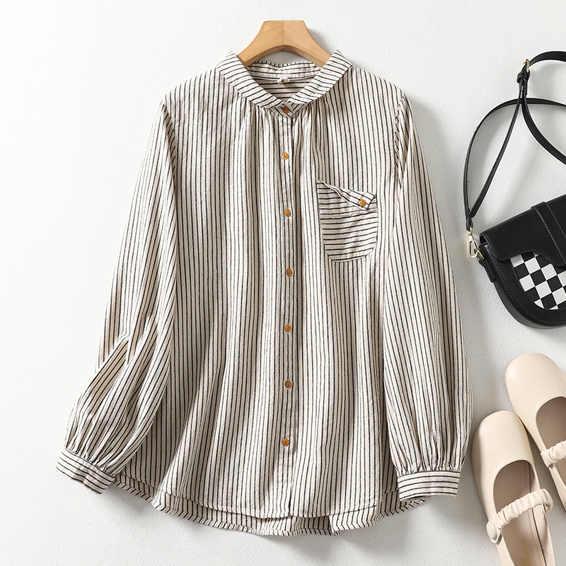 Bonuskycebou Summer Outfits Women – Cotton Linen Striped Lapel Shirt Korean Revival  