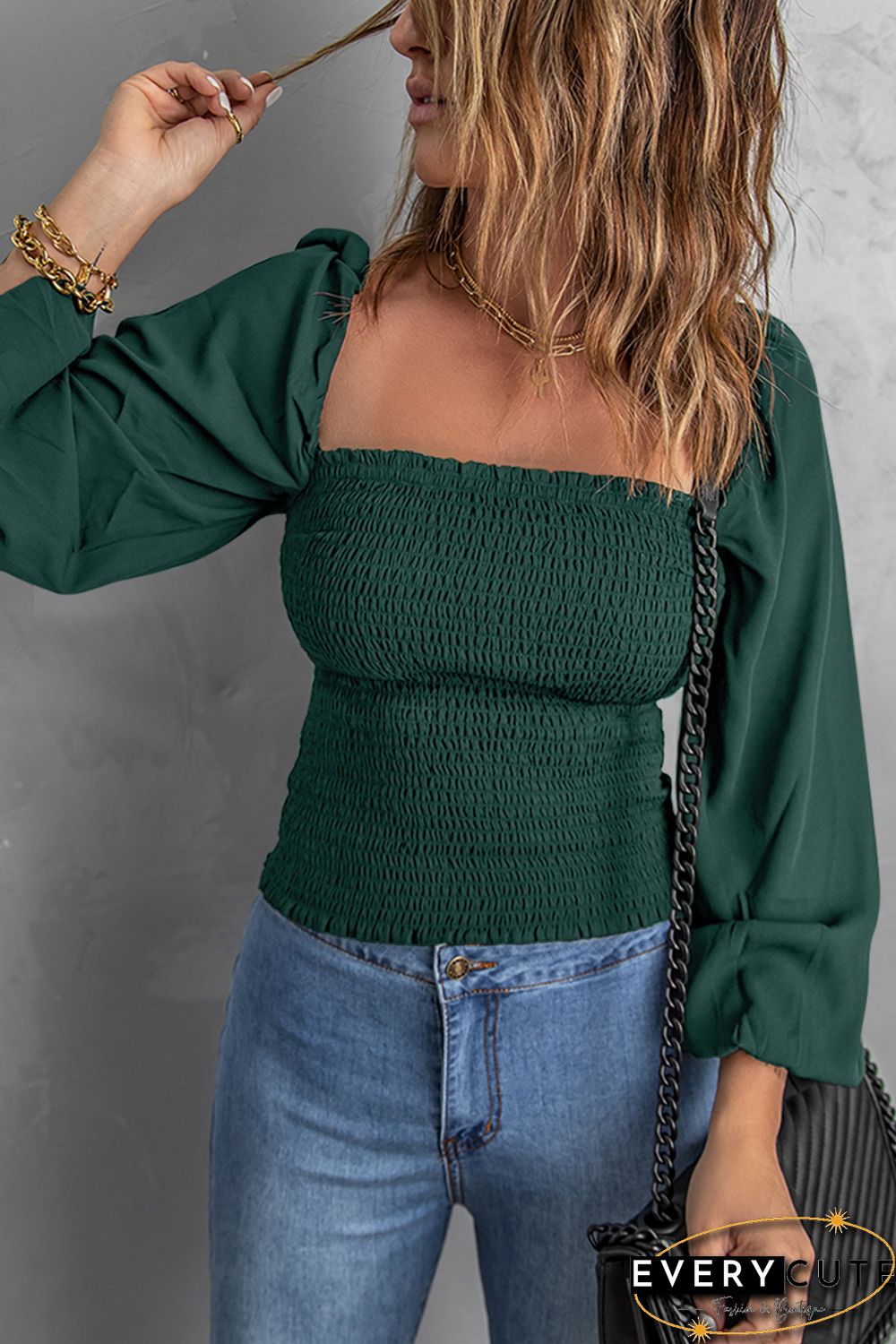 Green Puff Sleeve Smocked Top