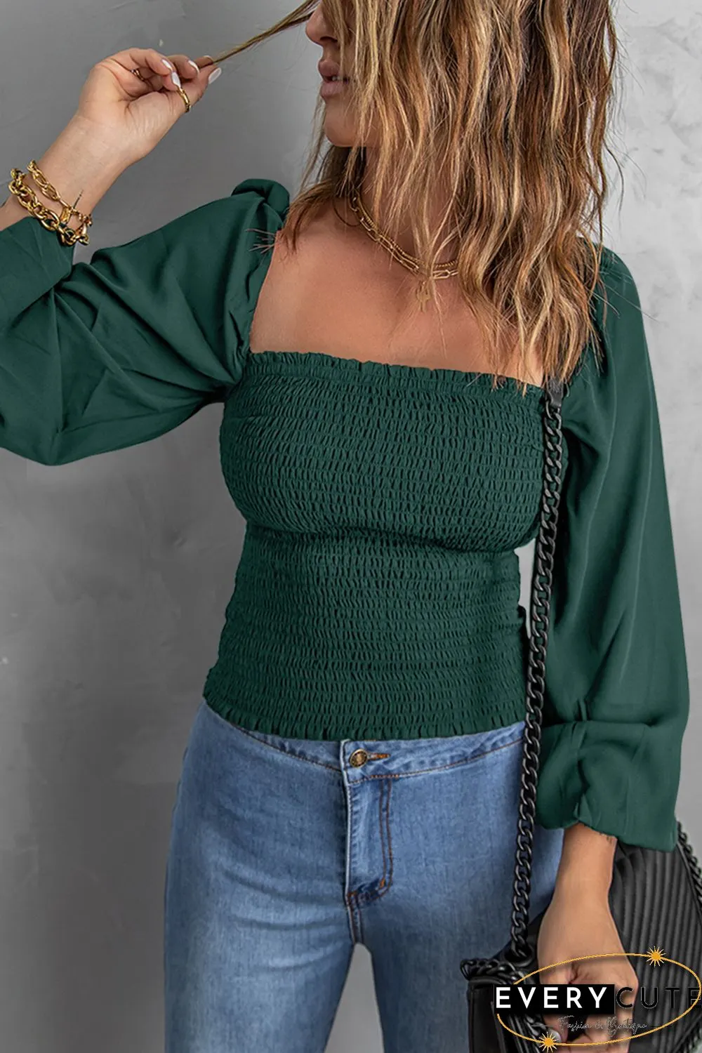 Green Puff Sleeve Smocked Top