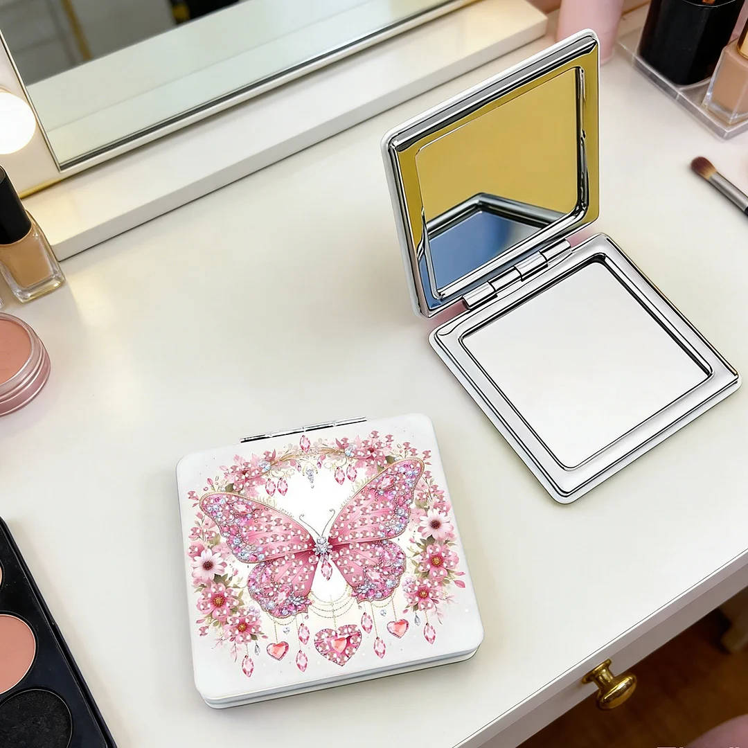 Pink Butterfly DIY Special Shaped Diamond Painting Compact Mirror Kits Diamond Art Painting Pocket Mirror for Beginners Adults Art Craft Woman Gifts