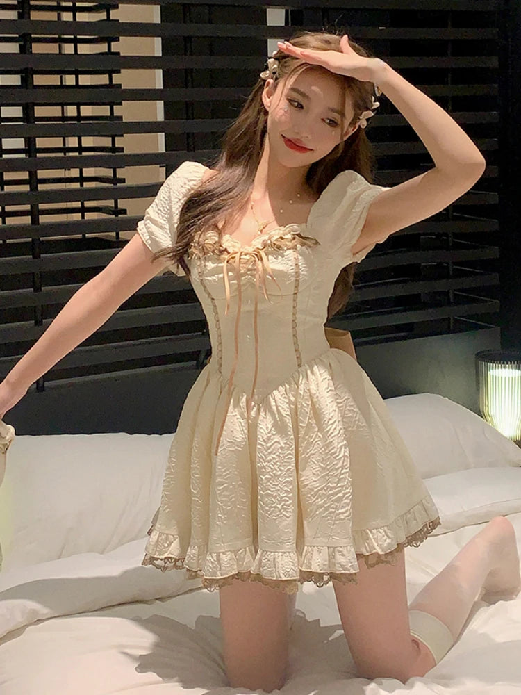 Bubble Sleeve Elegant Vintage Dress Women Lace-up Korean Fashion Mini Dress Female Ruffles Princess Sweet Dress 2023 Summer New LANFUBEISI
