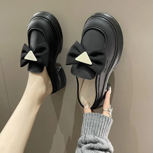 Lourdasprec Shoes Woman 2023 Female Slippers Loafers Mules Cover Toe Med Platform Butterfly-Knot Square heel Luxury Slides New Summer