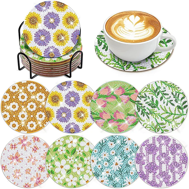 8PCS Acrylic/Wood Special Shape Diamond Painting Coasters Kits Cute Flat  Pattern-1062374