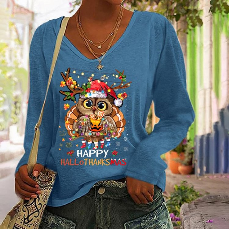 Comstylish Happy Hallothanksmas Owl Print V Neck T Shirt