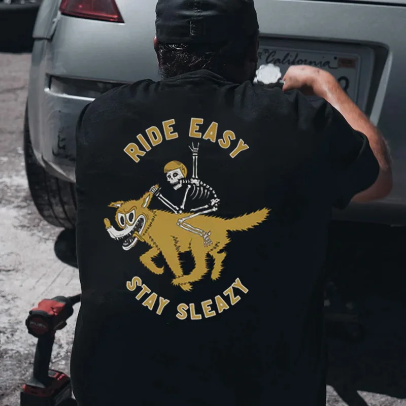 RIDE FAST STAY SLEAZY Skeleton With Wolf Print Men's T-shirt