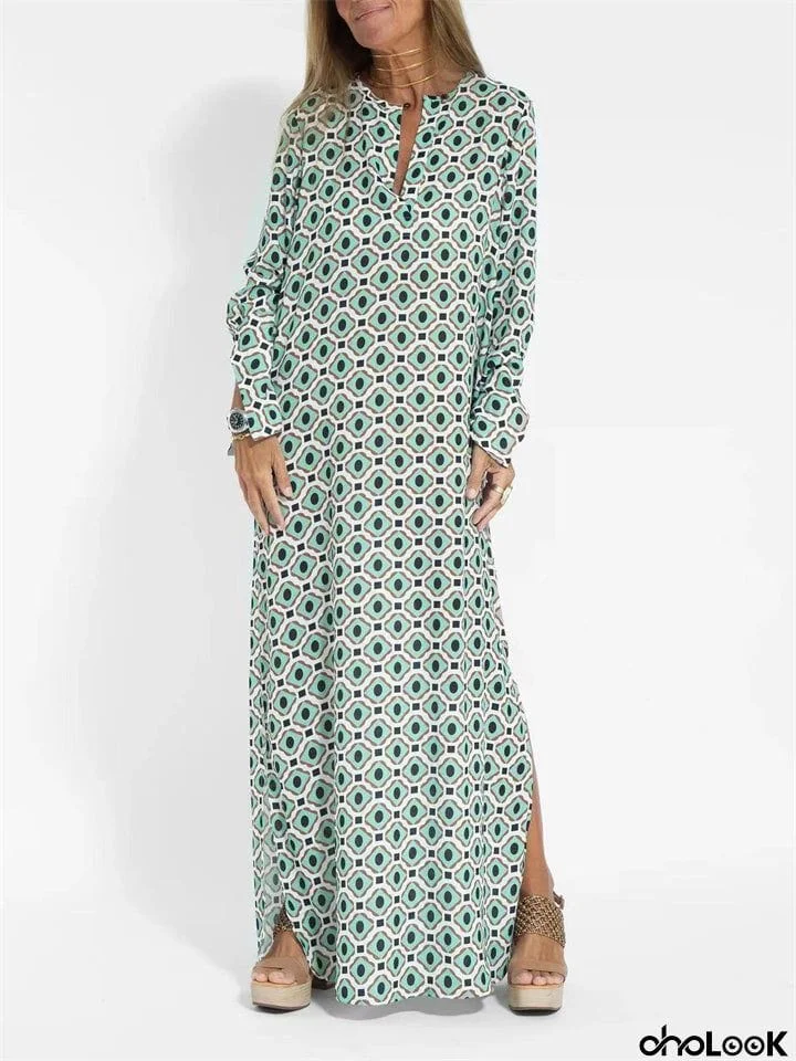 Ethnic Style V Neck Printed Long Sleeve Flowy Dress for Women