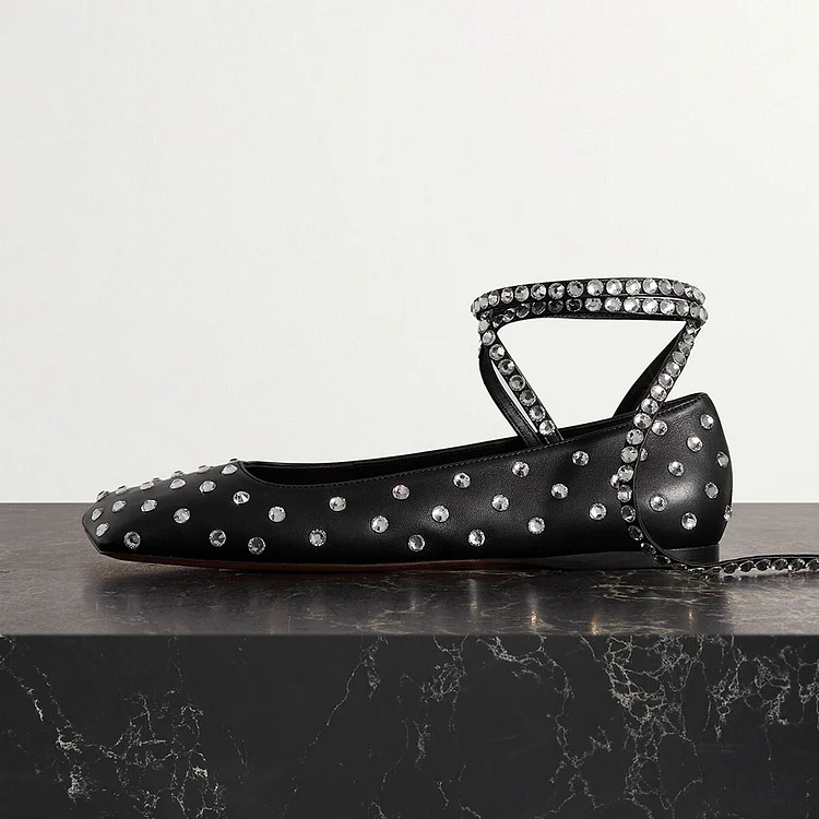 Black Square Toe Rhinestone Decor Strappy Ballet Flats |FSJ Shoes