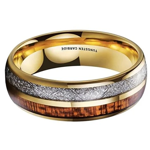 6MM 8MM Women's Or Men's Tungsten Carbide Wedding Matching Rings Domed Gold with Wood and Inspired Meteorite Inlay