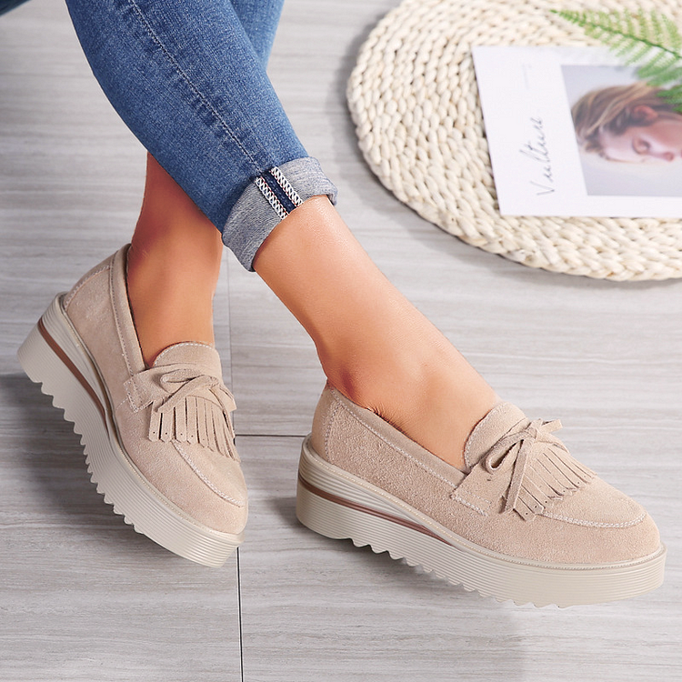 Platform Leather Suede Tassel Without Lace Loafers Shoes -loafers