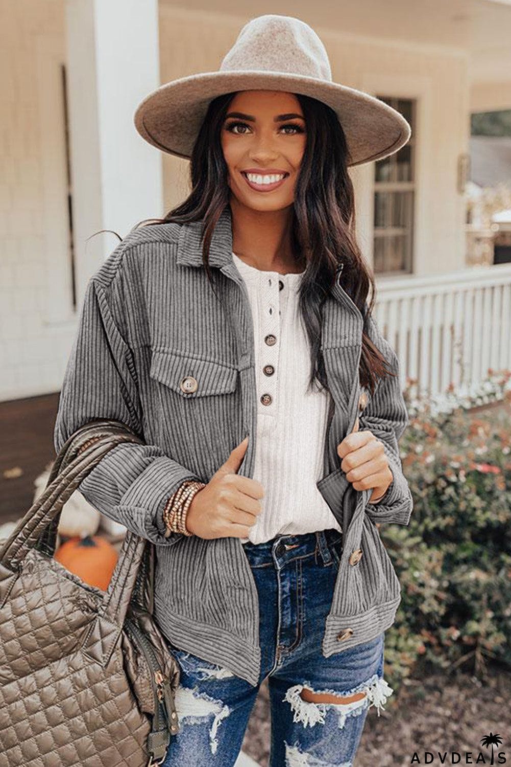 Ribbed Corduroy Long Sleeve Jacket with Pocket