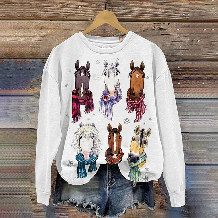 Comstylish Cute Horse Head Printed Round Neck Sweatshirt