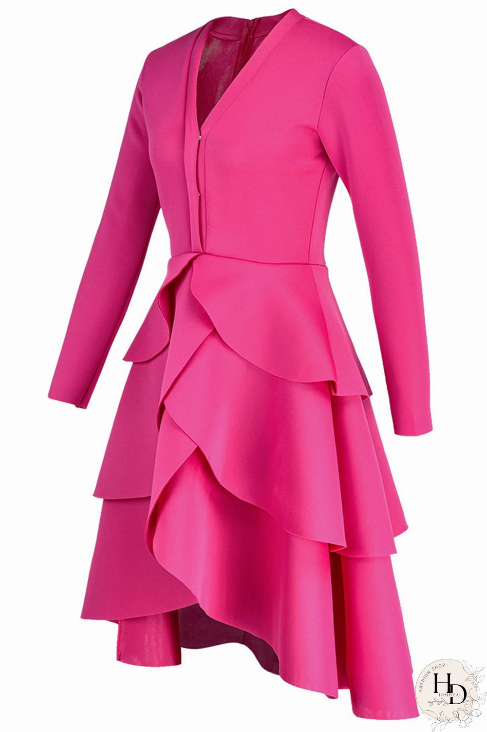 rose red Casual Solid Flounce V Neck Dresses