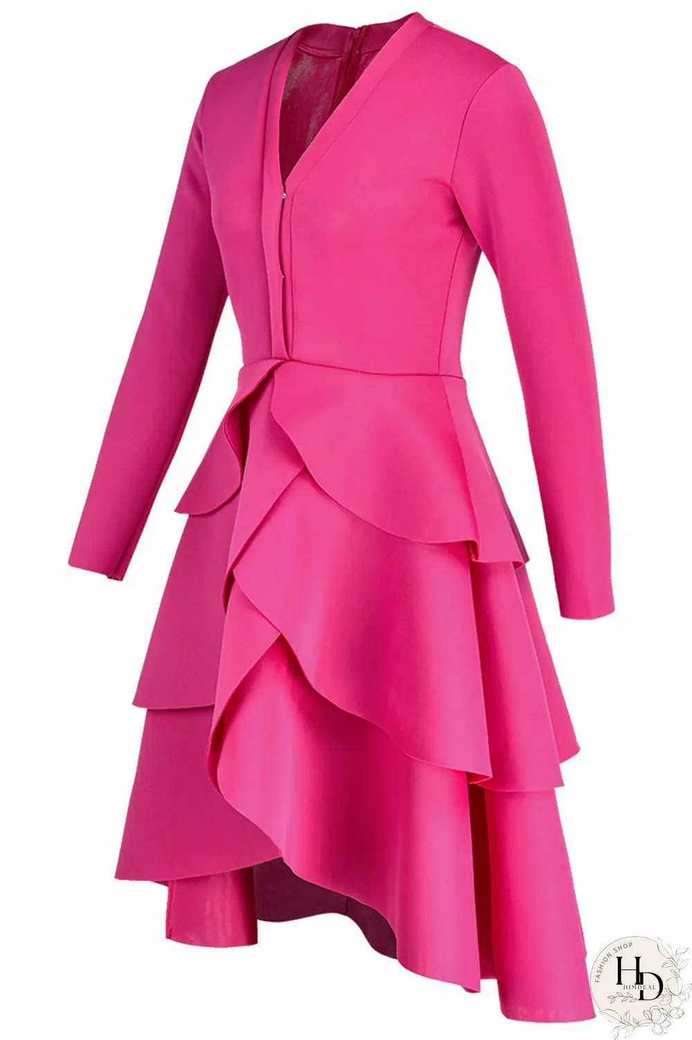 rose red Casual Solid Flounce V Neck Dresses