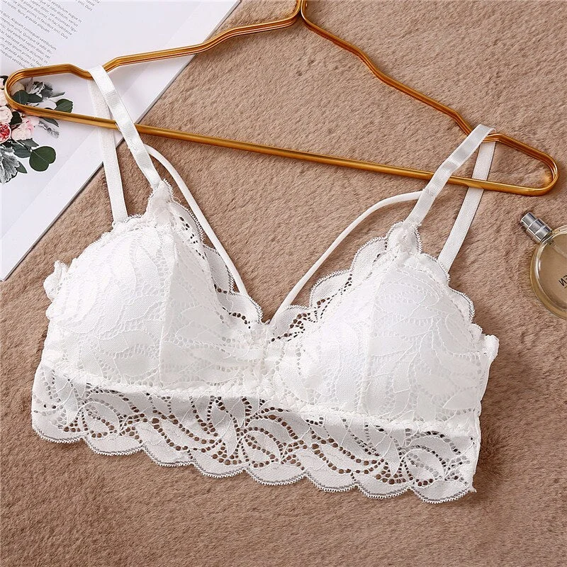 FINETOO Sexy Deep V Lace Bralette Women Floral Tank Tops Female Wire Free Lingerie Soft Padded Bra Sexy Bras Intimates S-XL New