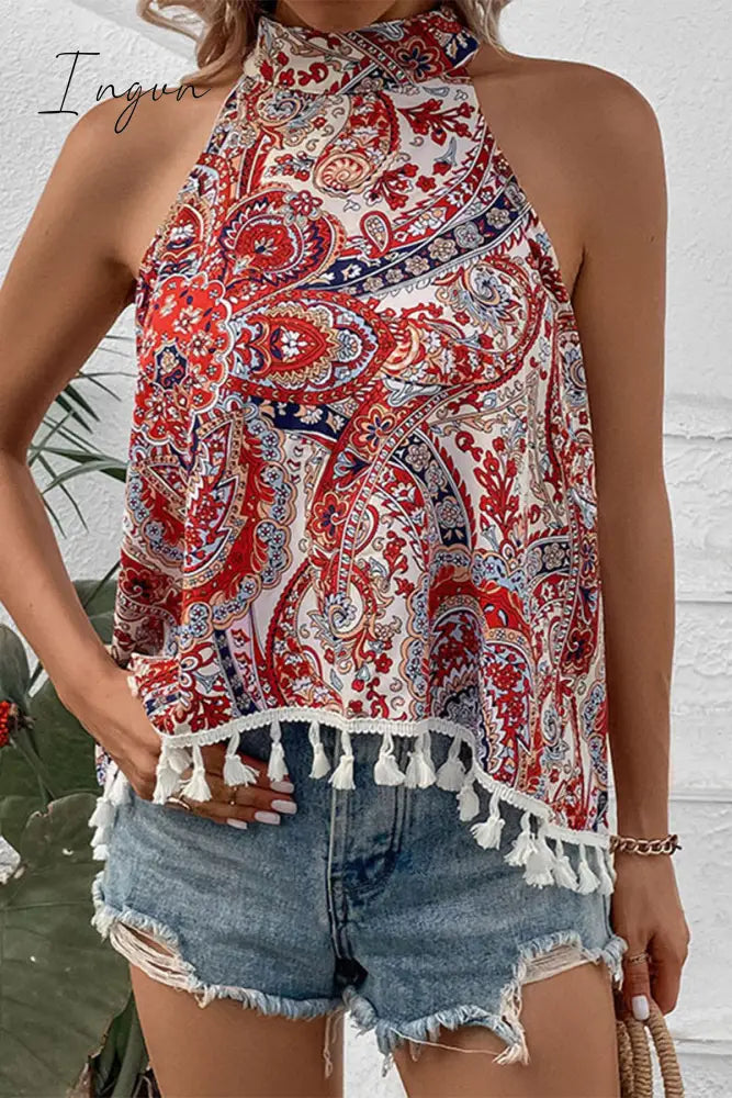 Ingvn - Bohemian Vintage Geometric Print Tassel Asymmetrical Halter Tops Red / S Tops/Tank & Camis
