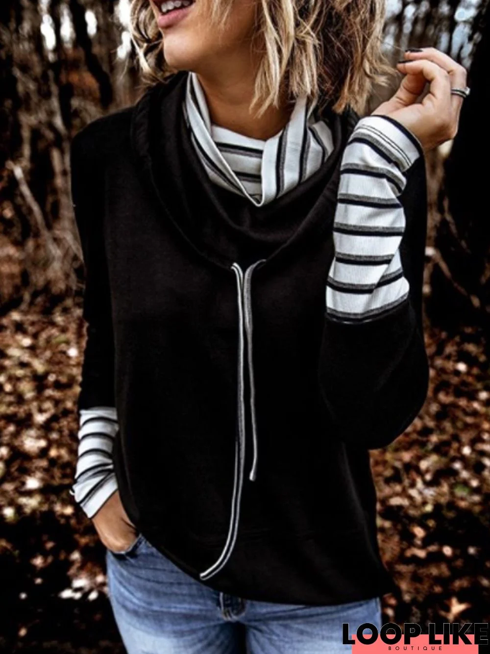 Stand Collar Stripes Long Sleeve Cotton-Blend Top