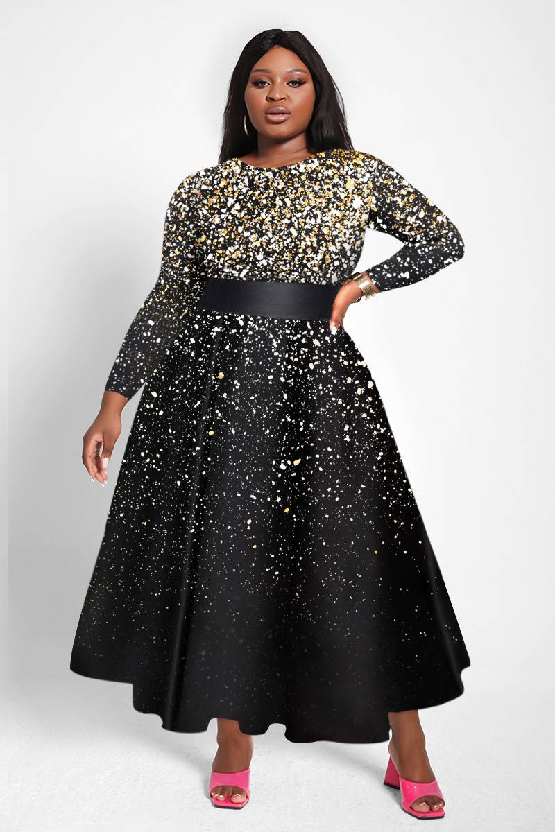 Design Plus Size Festival Dress Purple Glitter Print Long Sleeve Midi Dress