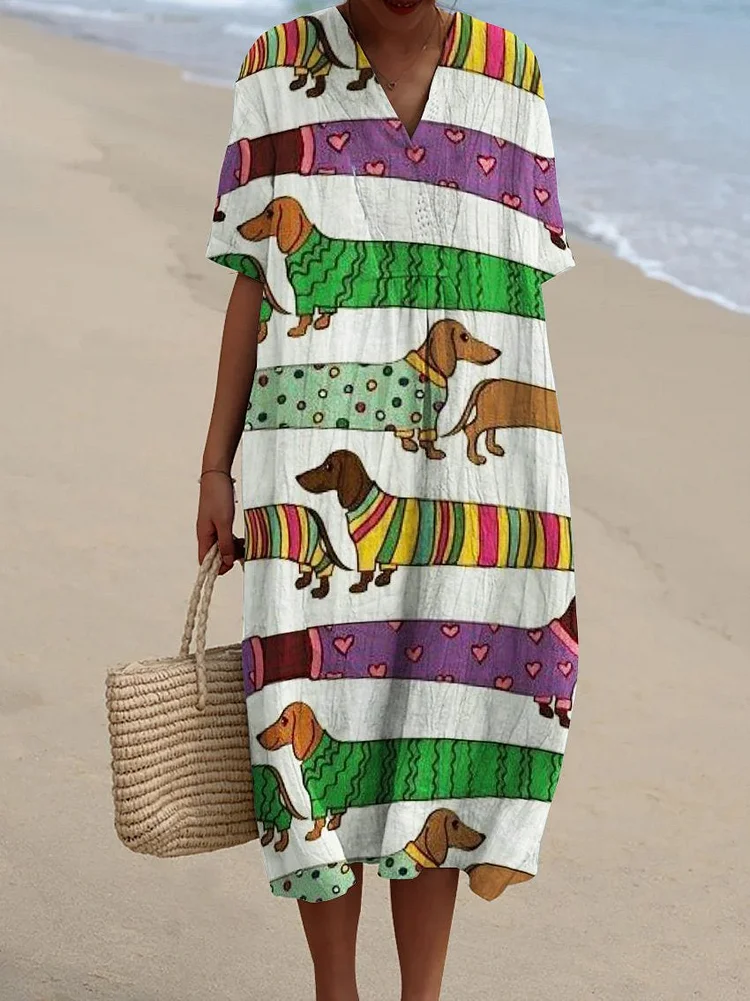 Decorative Pattern of Dachshund Wearing Colorful Sweater Flowy Dress