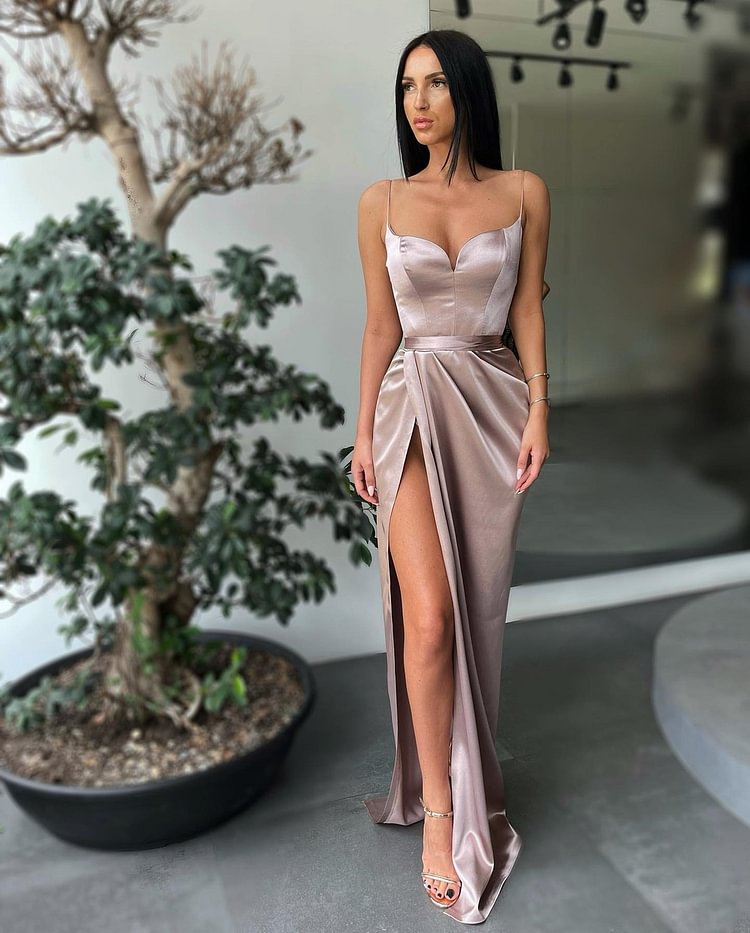 Hellodresses Spaghetti Strap Elegant Sleeveless Split Simple Prom Dress Gown