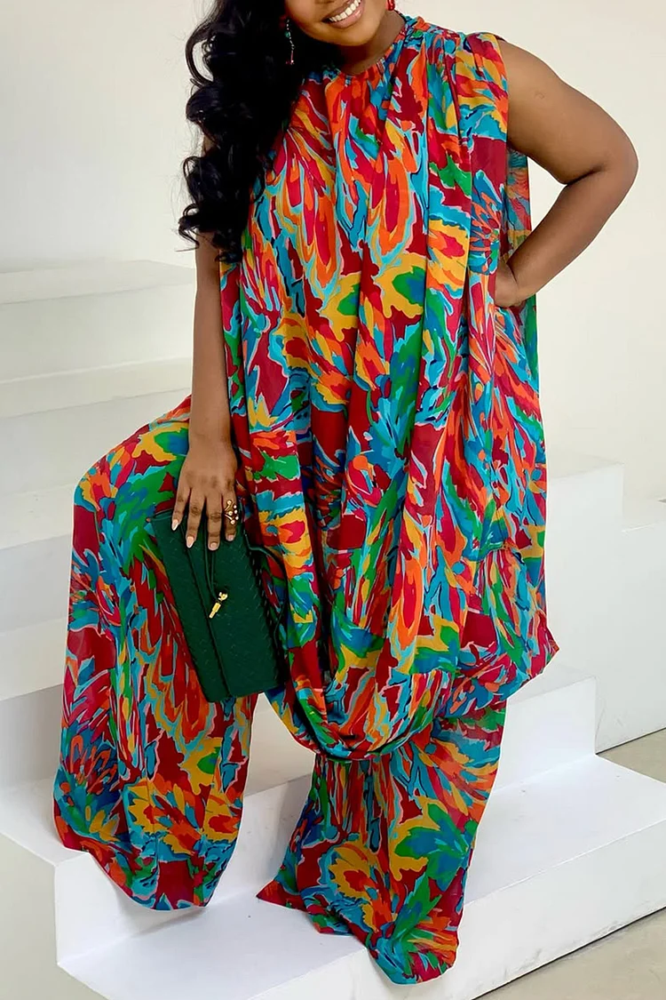 Plus Size Daily Multicolor All Over Print Round Neck Split Casual Wide Leg Two Piece Pant Sets [Pre-Order] 2024 - Xpluswear